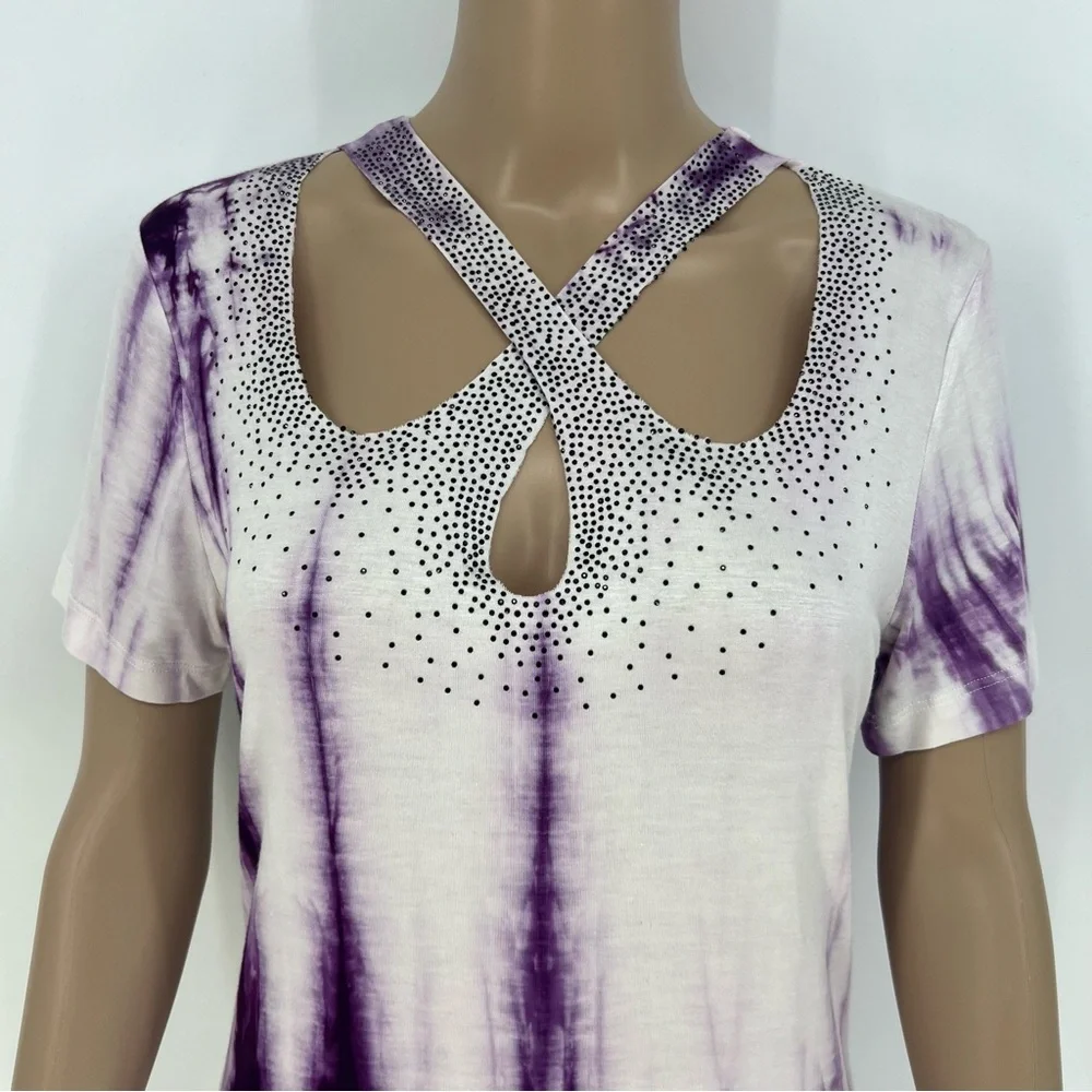 Vocal Top Womens Purple and White Cut Out Crisscross Neckline With Rhinestones - Picture 2 of 10
